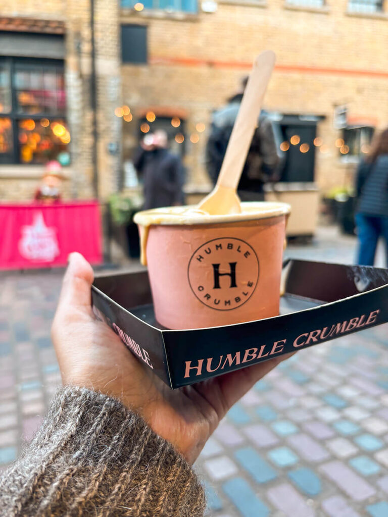 Humble Crumble, a cup of cake batter crumbles in an ice cream cup. This is in Camden Market in London