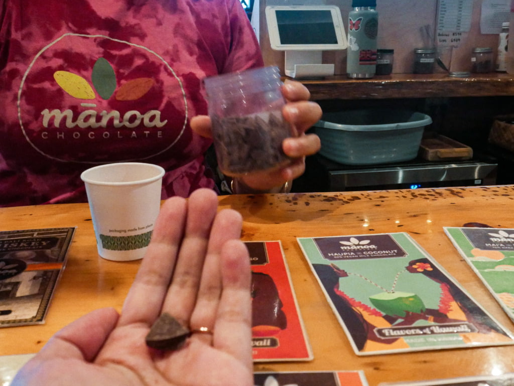 Manoa Chocolate tour and tasting different sample chocolates