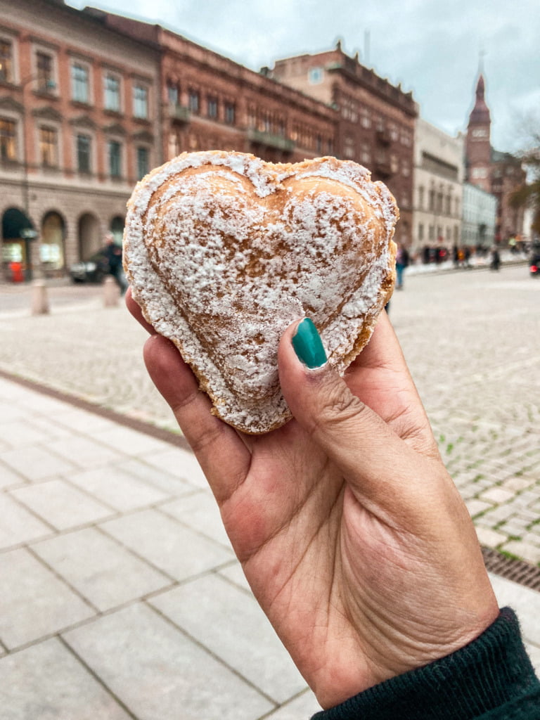 Heart-shaped, cream-filled pastry in Lund, Sweden, from Patisseriet