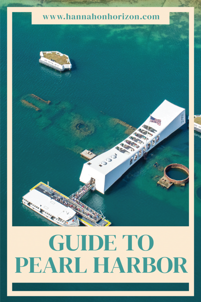 Pinterest graphic with an aerial view of Pearl Harbor, with text overlay that says "Guide to Pearl Harbor"