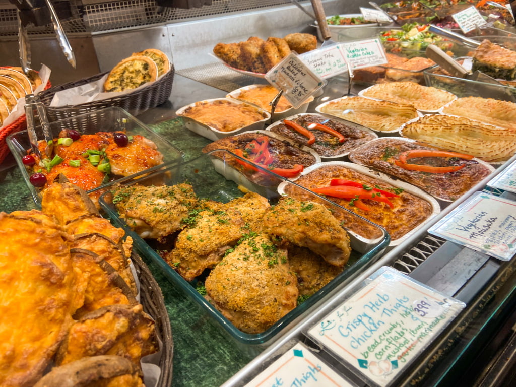 Delicious prepared food at the Grandville Island Public Market like crispy herb chicken thighs