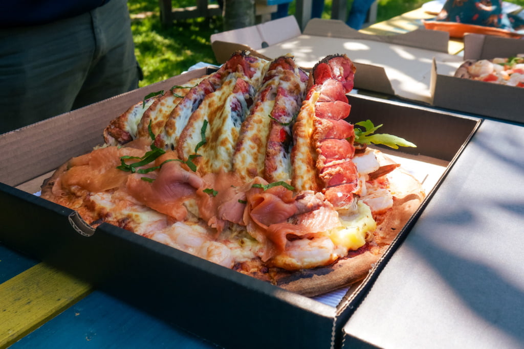 Serpent pizza at Steveston Pizza, which has shrimp, prawns, 5 Canadian lobster tails, and smoked salmon