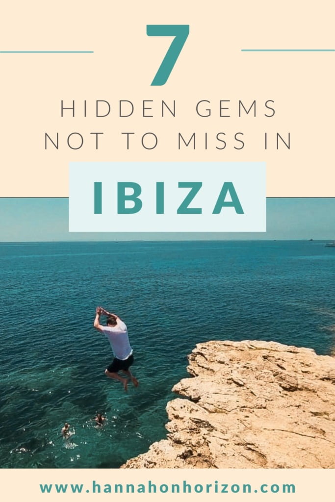 Pinterest graphic with image of man jumping off a cliff in Talamanca in Ibiza Spain. Text says "7 hidden gems not to miss in Ibiza"