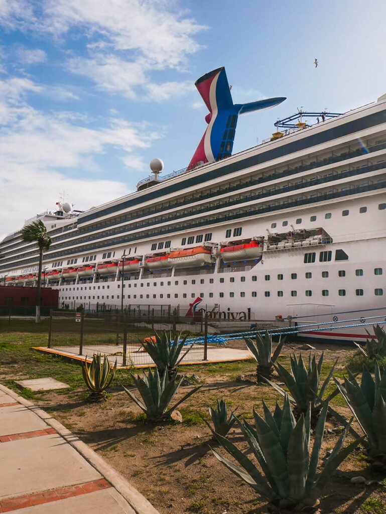 Side view of the Carnival Radiance cruise ship at the port of Ensenada, Mexico, on a bright and sunny day with some clouds. On top of the ship shows Carnival's wing, which is red, white, and blue, and expels the exhaust. Right in front of the ship, there is a grassy path with plants, and the sidewalk leading back to the cruise is cut off on the left. There is a bird flying flying on the top right corner