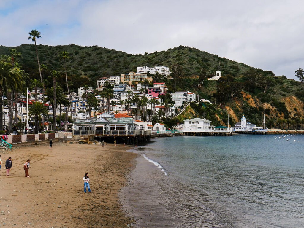 The shore of Catalina Island on a cloudy day, located off the coast in Southern California. The sea is blow and the sand is golden brown. There are some people walking at the beach at a distance. Further beyond the distance, there are some houses nestled on top of a hill, and some green mountains and palm trees