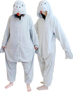 2 people wearing a manatee onesie costume