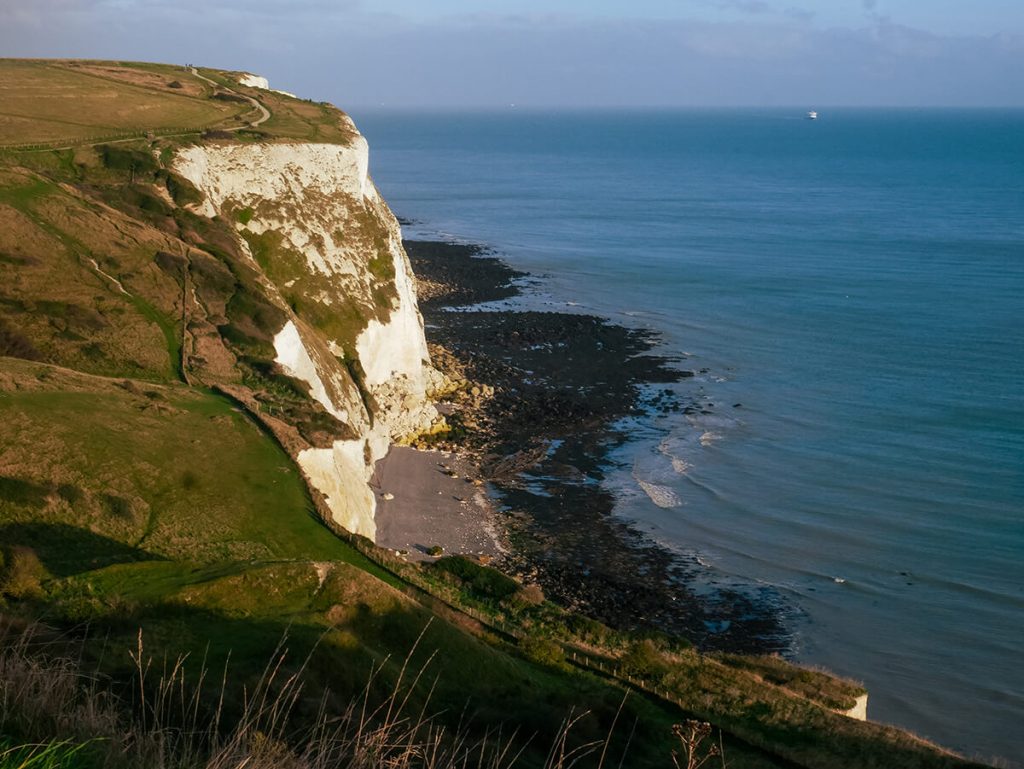 A view of the White cliffs of Dover in England and the Strait of Dover