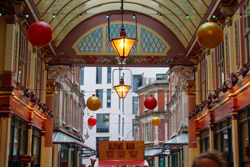Leadenhall Market in London, decorated with baubles for Christmas