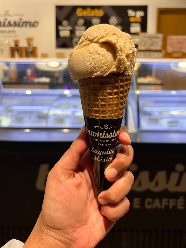 Ice cream on a cone from Helado y Cafe Buonissimo, a gelato shop in Puerto Vallarta, Mexico, on the Malecon
