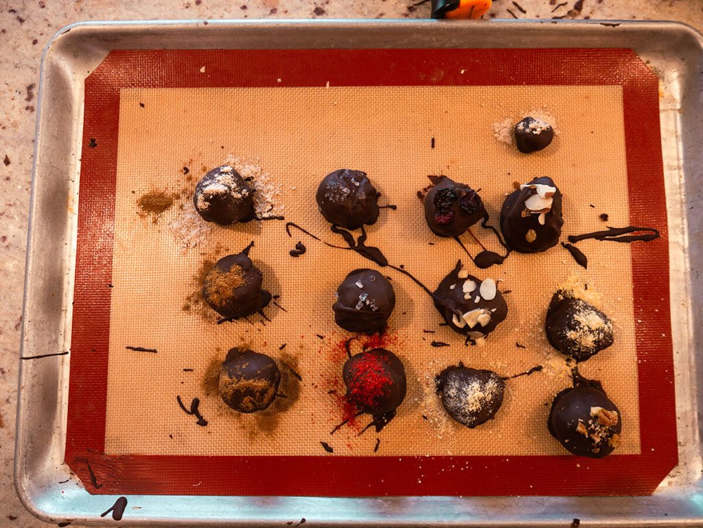 A tray of chocolate truffles made by guests taking a truffle making workshop in ChocoMuseo in Puerto Vallarta
