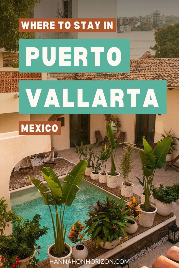 Pinterest graphic of Casa Victoria Malecon, an adults only stay in Puerto Vallarta. Text says "Where to stay in Puerto Vallarta, Mexico" and below says "www.hannahonhorizon.com", where the post is located in