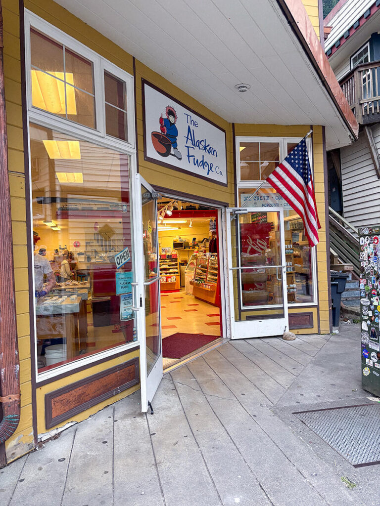 The doorfront of The Alaskan Fudge Co. in Downtown Juneau, Alaska