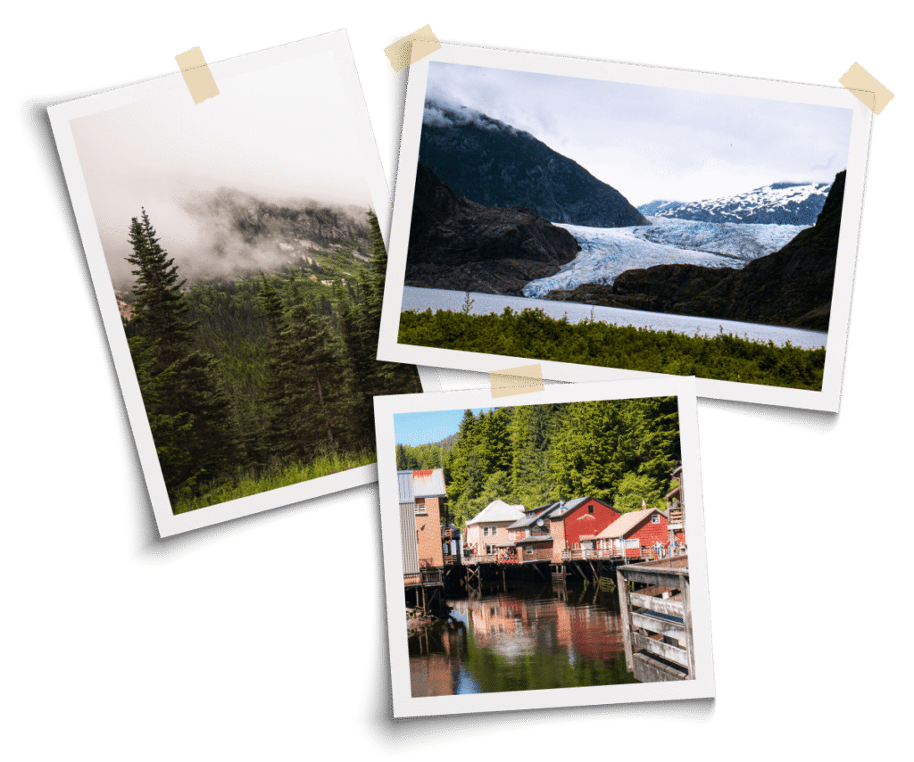 A polaroid photo collage of different stops in Alaska. Top Left: Trees on the White Pass Summit & Yukon Railway. Top Right: Mendenhall Glacier. Bottom: Creek Street in Ketchikan