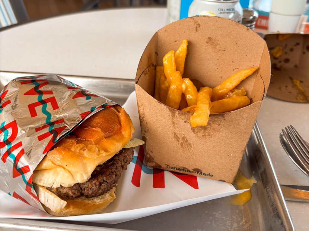 Burger and fries from the Dive in Burger joint on Holland America Zaandam