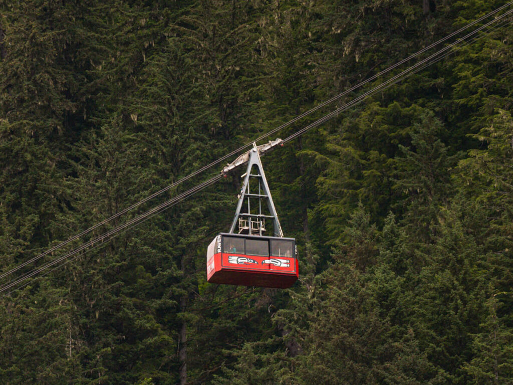 The Goldbelt tram, a bright red gonola in Juneau, Alaska near the cruise port that leads to Mount Roberts