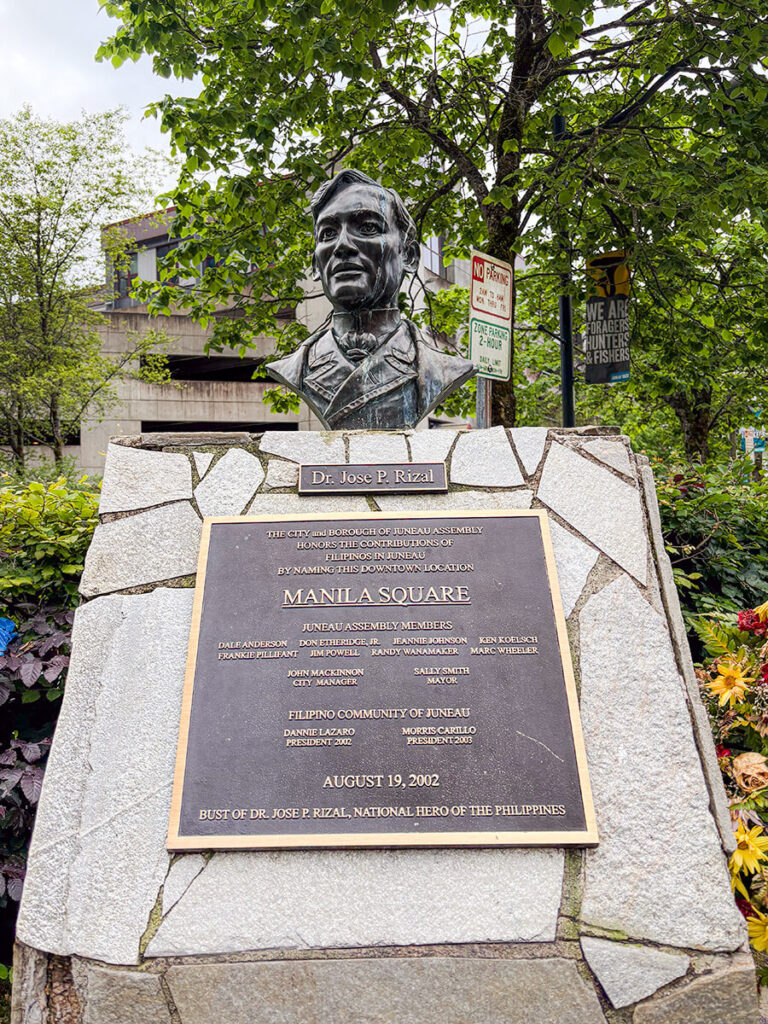 A bust of José Rizal in Downtown Juneau, Alaska, in Manila Square, honoring him and all the Filipinos in Alaska
