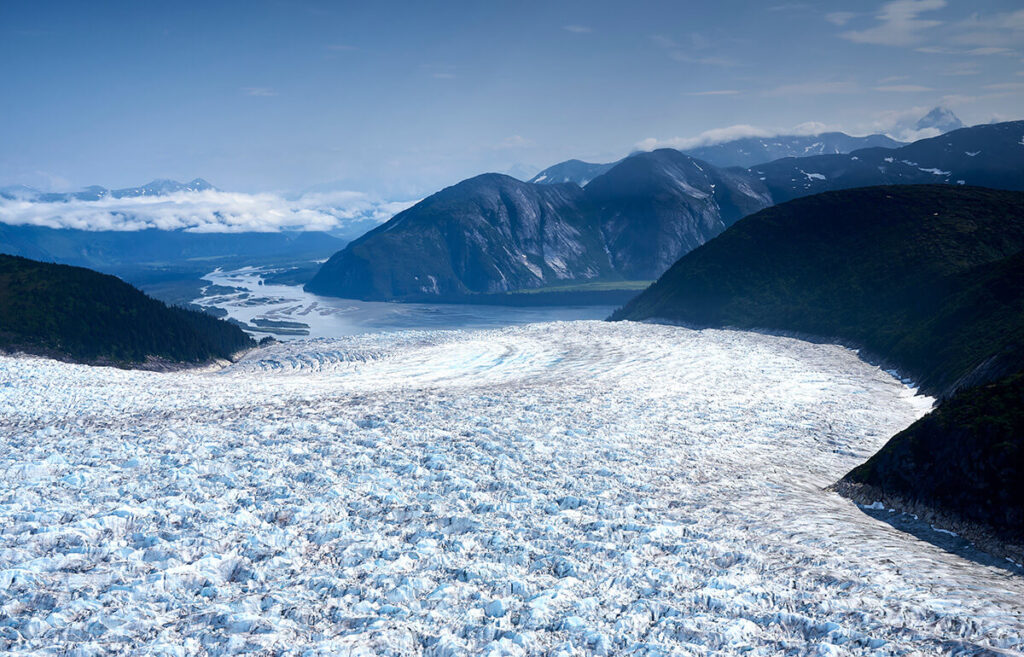 An aerial view of Taku Glacier in Juneau, Alaska