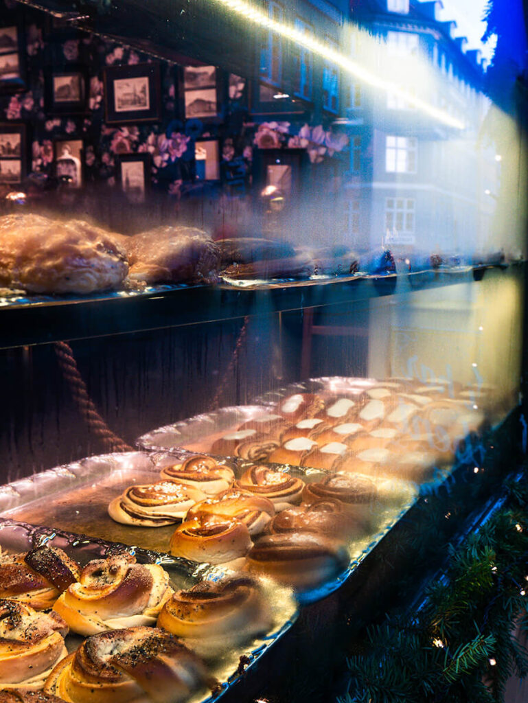 Window display of Skt Peders Bageri in Copenhagen featuring all their best baked goods and pastries